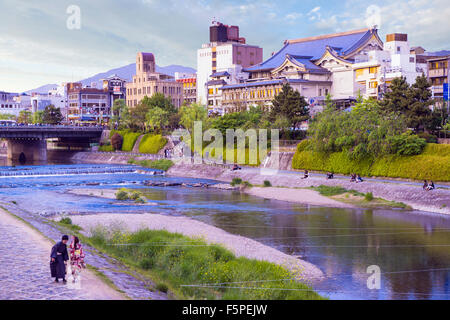 The Kamogawa River in central Kyoto Pontochou, Minami-za and Gion areas in the late afternoon Stock Photo