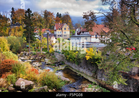 Szklarska Poreba town and Kamienna River in autumn, Lower Silesia, south-western Poland. Stock Photo