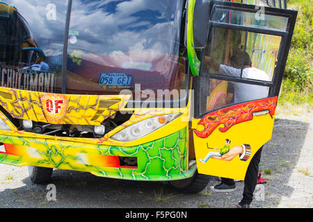 Buses in Bolivia painted with alsorts of colourful characters. Stock Photo