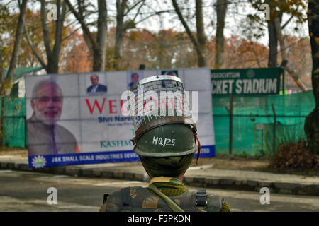 An Indian central reserve police force (CRPF) soldier stands alert outside the Sheri Kashmir Cricket Stadium ahead of Indian Prime Minister Narendra Modi’s visit.