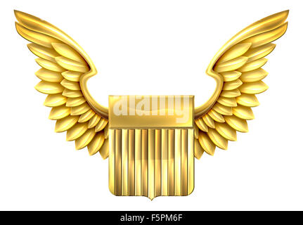 A winged gold metal shield design with United States flag stripes Stock Photo