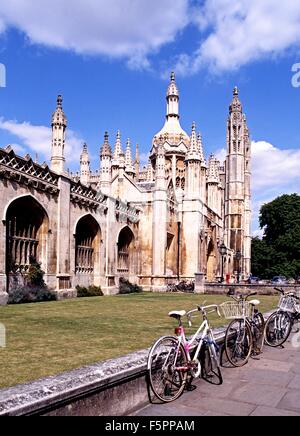 Entrance to Kings College on Kings Parade with bicycles parked in the foreground, Cambridge, Cambridgeshire, England, UK. Stock Photo