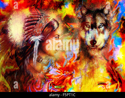 young indian woman wearing  with  wolf and feather headdress and abstract color background Stock Photo