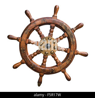 Isolated Vintage Wooden And Brass Ship's Steering Wheel With White Background Stock Photo