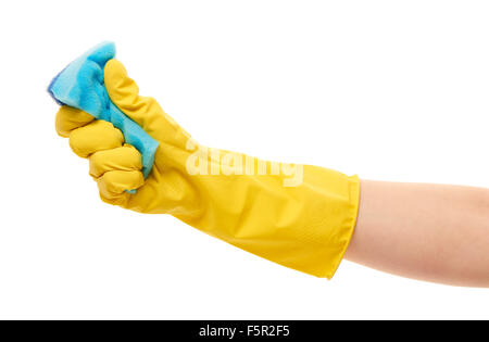 Close up of female hand in yellow protective rubber glove squeezing blue cleaning sponge against white background Stock Photo