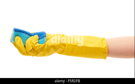 Close up of female hand in yellow protective rubber glove holding blue cleaning sponge against white background