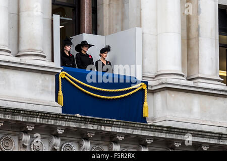 Whitehall, London, UK. 8th November, 2015. Catherine, Duchess of Cambridge, Queen Maxima of the Netherlands and Sophie, Countess of Wessex, overlooki proceedings at the Cenotaph. Credit:  Oliver Lynton/Alamy Live News Stock Photo