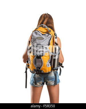 Traveler woman with backpack isolated on white Stock Photo