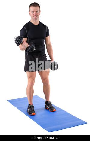 young man shows finishing position of biceps curl Stock Photo