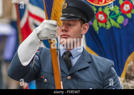 Oakham, Rutland, UK. 8th November 2015. A Royal Air Force Standard Bearer in the Armistice Day Parade Credit:  Jim Harrison/Alamy Live News Stock Photo