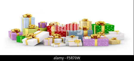 Colorful christmas gift boxes, presents with bows and ribbons isolated 3d rendering Stock Photo