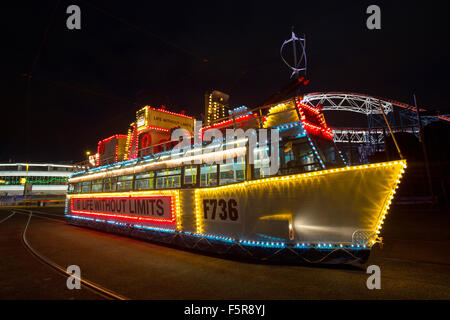 Town of Blackpool, England. Picturesque night view of the illuminated trams, during the Blackpool Illumination festivities. Stock Photo