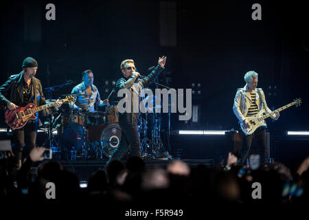 The Edge (L), Larry Mullen Jr., Bono and Adam Clayton of U2 perform at the SSE Hydro as part of their iNNOCENCE + eXPERIENCE tou Stock Photo