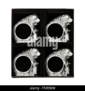 Set of four Arthur Court cast aluminium 'Bear and Cubs' napkin rings Stock Photo