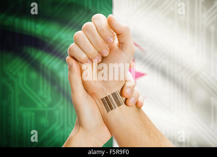Barcode ID number on wrist of a human and national flag on background - Algeria Stock Photo