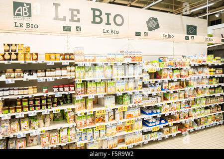 Organic,bio,section, at, Intermarche, supermarket, hypermarket, aisle,Esperaza,Aude,South France.France,Europe,European, Stock Photo