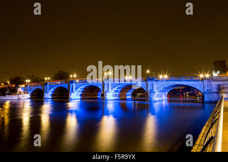 Kingston Bridge at night, illuminated by Blue Lights. Kingston upon Thames, Surrey, England, UK Stock Photo
