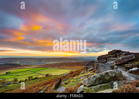 Sunset from Stanage Edge, in the Peak District National Park, Derbyshire, England, UK Stock Photo