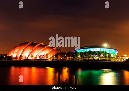 GLASGOW, SCOTLAND. OCTOBER 27 2015 : The SSC Hydro Stadium Illuminated at Night on the banks of River Clyde, Glasgow, Scotland