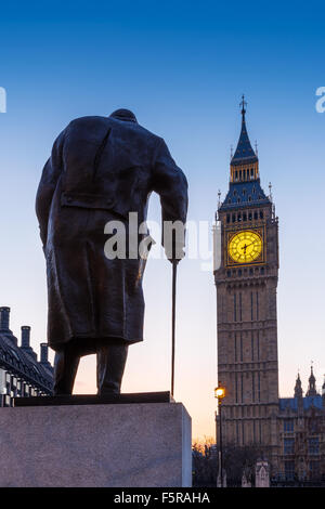 Statue of Sir Winston Churchill, looking towards Westminster Palace, Houses of Parliament, Elizabeth Tower, Big Ben, at Sunrise Stock Photo