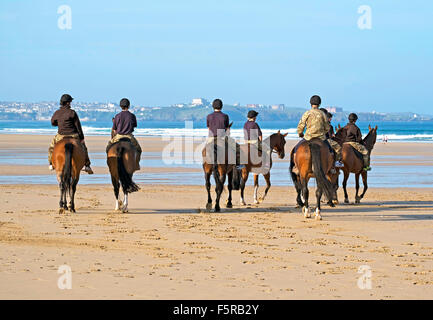 Members of the ' Kings Troop Royal Horse Artillery ' enjoying exercise on the beach at Watergate Bay in Cornwall, UK Stock Photo