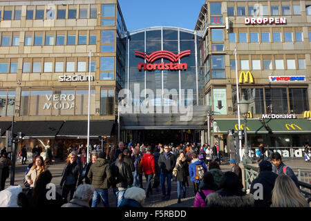 People crowds in front of main Entrance to Nordstan, the largest shopping centre in Gothenburg, Sweden Stock Photo