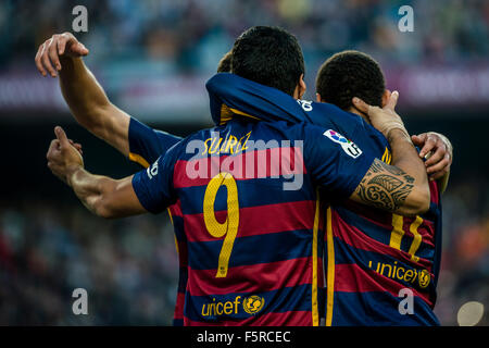 November 08th, 2015. Barcelona, Spain: FC Barcelona's forward SUAREZ celebrates his goal with team mates in the league match between FC Barcelona and Villarreal CF at the Camp Nou stadium in Barcelona Stock Photo