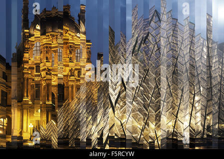 France, Paris, Louvre and Pyramid Viewed Through Distorted Glass Stock Photo