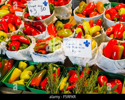 Fresh local bell peppers at Jean-Talon Market in Montreal, Quebec, Canada. Stock Photo