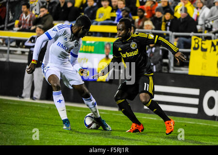 Columbus, Ohio, USA. 08th Nov, 2015. Columbus Crew SC midfielder Cedrick Mabwati (11) with the ball in the Audi 2015 MLS Cup Playoffs match between Montreal Impact and Columbus Crew SC at MAPFRE Stadium, in Columbus OH. November 8, 2015. Columbus Crew SC won in extra time with an aggregate score of 4 to 3. Photo Credit: Dorn Byg/CSM Credit:  Cal Sport Media/Alamy Live News Stock Photo