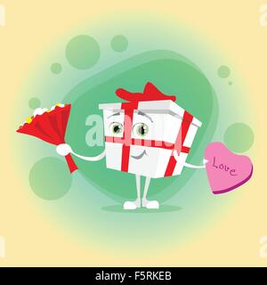 Gift Box Present Red Bow Hold Flowers Bouquet Candy Cartoon Character Stock Vector