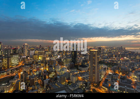 Osaka Skyline at Sunset, View from the Floating Garden Observatory at Umeda Sky Building Stock Photo