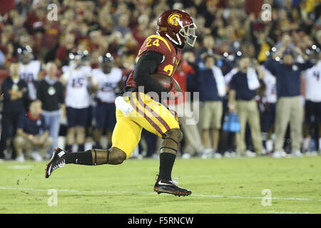 Nov. 7, 2015 - Los Angeles, CA, US - November 7, 2015: USC Trojans safety John Plattenburg (24) runs after an interception in the game between the Arizona Wildcats and the USC Trojans, The Coliseum in Los Angeles, CA. Photographer: Peter Joneleit - Zuma Wire Service (Credit Image: © Peter Joneleit via ZUMA Wire) Stock Photo