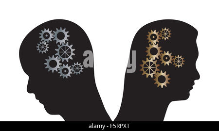 Vector illustration of man and woman silhouettes with cogs in their heads. Partnership problems metaphor. Stock Photo