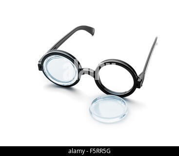 Broken black round glasses isolated on white background Stock Photo