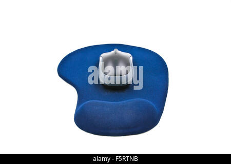 Wireless computer mouse on blue mouse pad isolated on white background Stock Photo