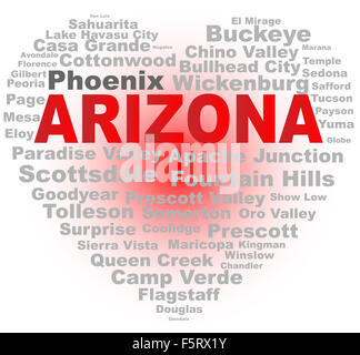 A cartoon heart shape with the text Arizona and the names of the major cities over a white background Stock Photo