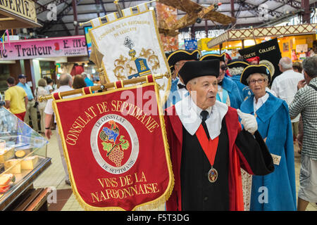 At parade of wine merchants organization of the wine producing regions in centre of Narbonne,Languedoc,Aude,South,France. Stock Photo