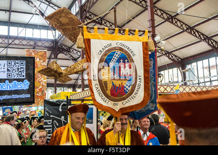 At parade of wine merchants organization of the wine producing regions in centre of Narbonne,Languedoc,Aude,South,France. Stock Photo