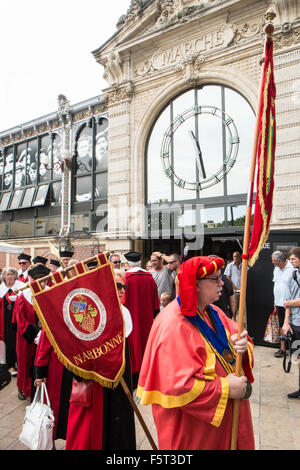 At parade of wine merchants organization of the wine producing regions in centre of Narbonne,Languedoc,Aude,South,France. Stock Photo