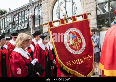 At parade of wine merchants organization of the wine producing regions in centre of Narbonne,Languedoc,Aude,South,France. Stock Photo