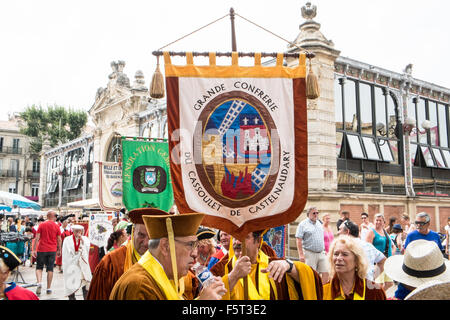 At parade of wine merchants organization of the wine producing regions in centre of Narbonne,Languedoc,Aude,South,France. Stock Photo