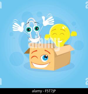 Paperclip Cardboard Box Yellow Light Bulb Cartoon Character Stock Vector