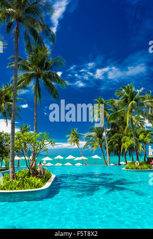 Large infinity swimming pool on the beach with palm trees and umbrellas Stock Photo