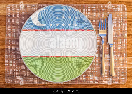 Dinner plate with the flag of Uzbekistan on it for your international food and drink concepts. Stock Photo
