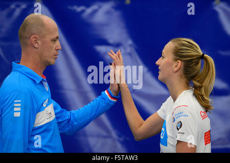 Prague, Czech Republic. 09th Nov, 2015. Czech tennis player Petra Kvitova (right) and non playing captain Petr Pala speak prior to the final match of the world group Fed Cup Czech Republic vs. Russia, in Prague, Czech Republic, November 9, 2015. The Czech Republic-Russia Fed Cup match will be played on November 14th and 15th in Prague, Czech Republic. © Michal Kamaryt/CTK Photo/Alamy Live News Stock Photo