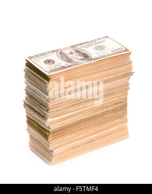 Big stack of dollar banknotes closeup. Isolated on white Stock Photo