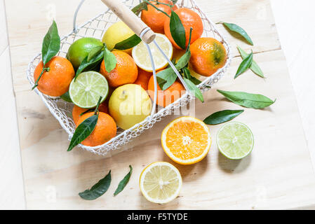 Assorted citrus fruit , leaves on, in a white wire basket, some halved, on a wooden tray background, seen from above Stock Photo