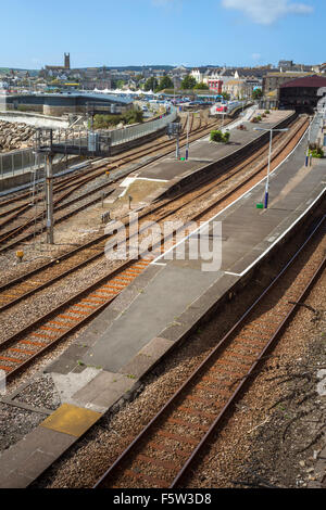 Railway as it enters Penzance Rail Station, Cornwall UK Stock Photo