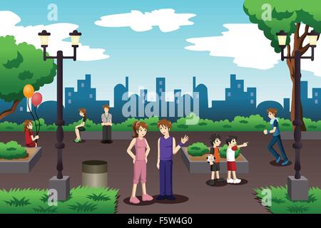 A vector illustration of people in a city park doing everyday stuff Stock Vector